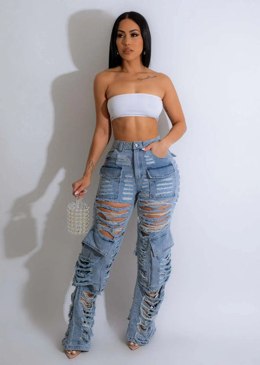 Ripped Hollow Out Cargo Denim Pants