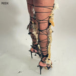 Sexy Brown Fur 'Know About Me' Strappy Lace up Romen Heels