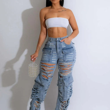 Ripped Hollow Out Cargo Denim Pants